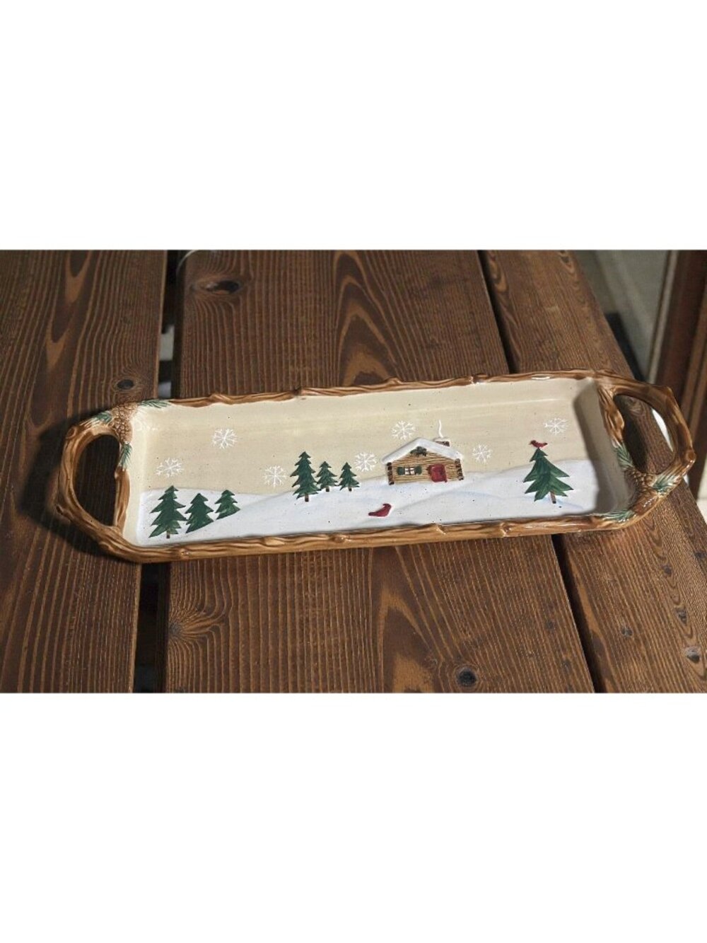 St. Nicholas Square Heartland Winter Serving Tray Handles Cabin Trees 15.5x5